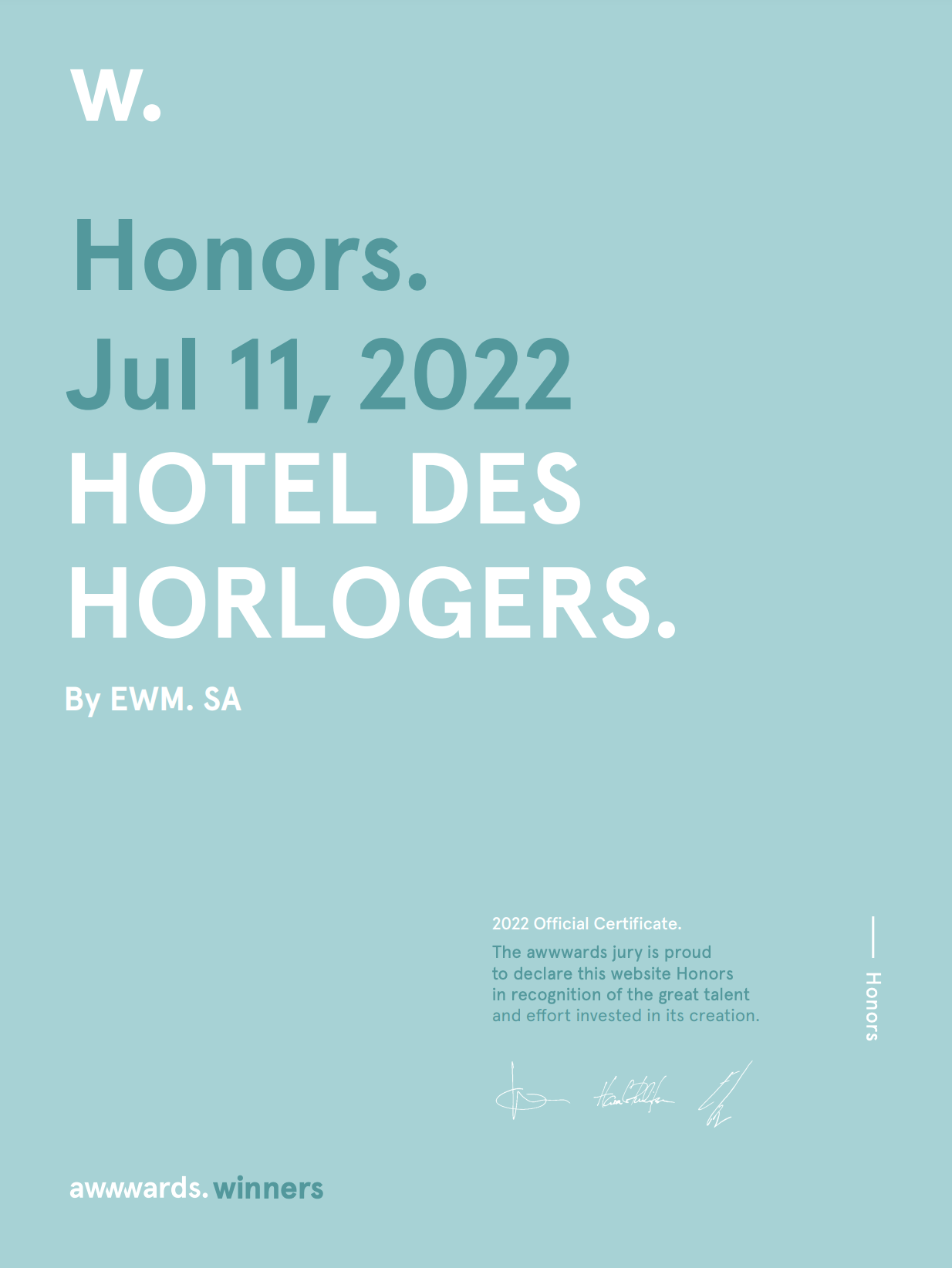 Hotel des Horlogers Award Certificate