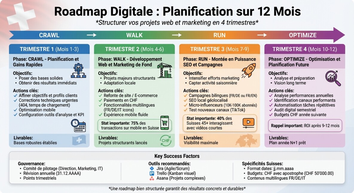 Roadmap digitale 12 mois : planification trimestrielle des projets web et marketing
