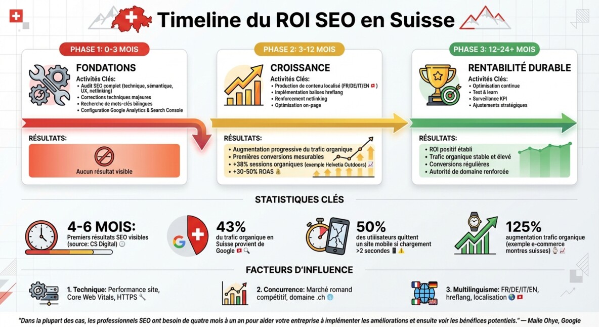 Timeline ROI SEO: expected results from 0 to 24+ months in Switzerland